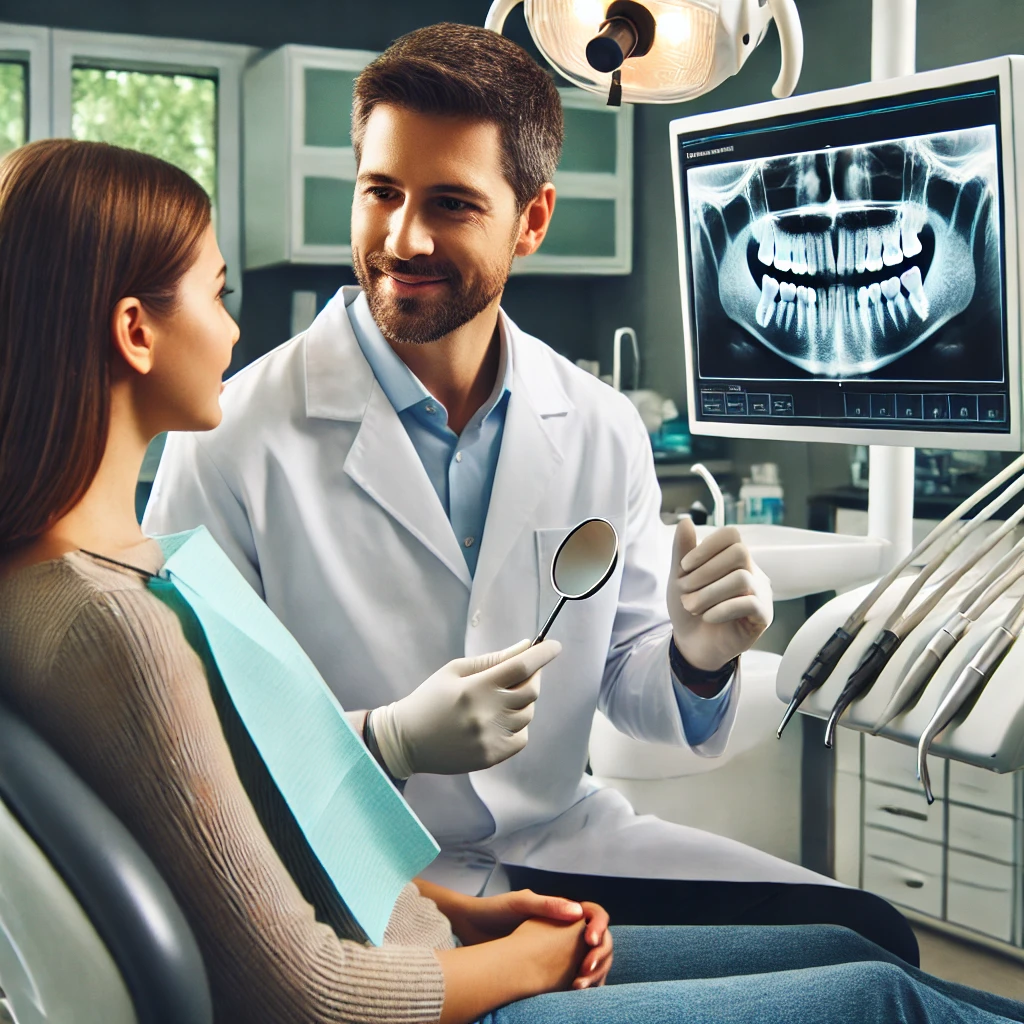 DALL·E 2024-11-28 10.31.48 - A dentist in a professional dental office discussing dental care with a patient. The dentist, wearing a white coat and gloves, is pointing to a dental